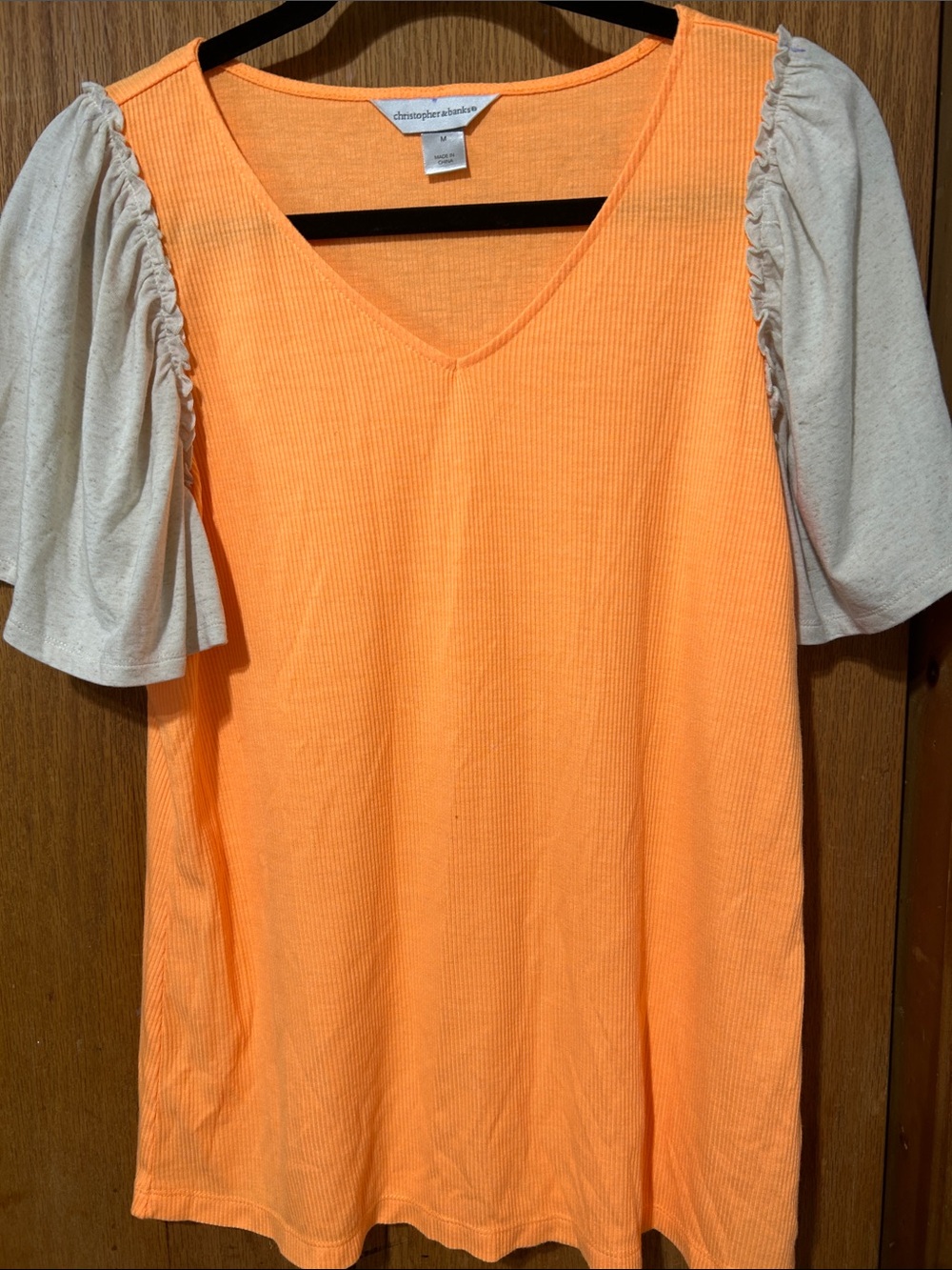 Christopher & Banks Orange V-Neck Top with Cream Puff Sleeves